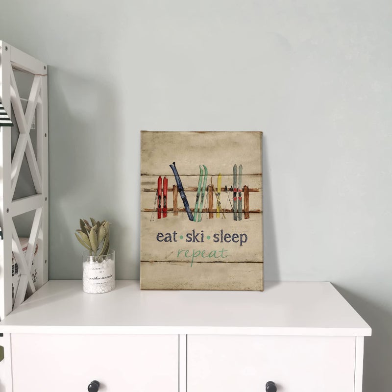 PHAMTE Eat Sleep Ski Repeat Wall Art,Farmhouse Rustic Winter Holiday Sport Ski Sleighs Vintage Print Framed Canvas Painting Artwork Home Bedroom Living Room Skiing Teen Room Cabin Decor(11x14 Inch) - Image 4